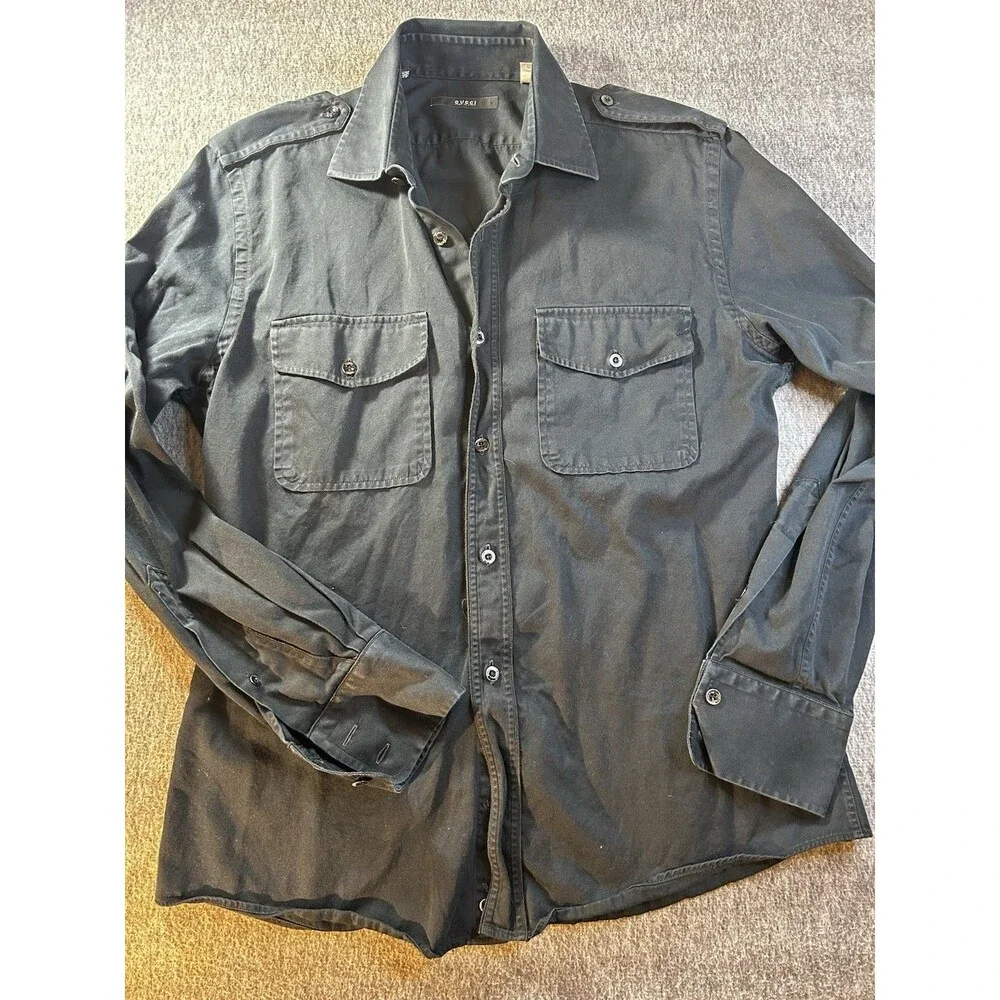 Gucci by Tom Ford Black Vintage Military Classic Button Up Shirt Men’s Size 42